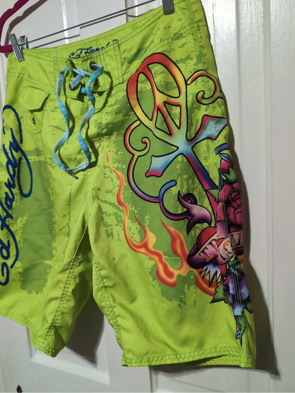 Vtg Ed Hardy By Christian Audigier Surf Or Die Board Shorts Lime Men 33(1600)F